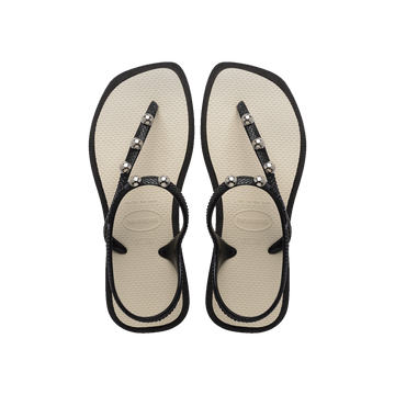 Havaianas Flash Fusion Sandals Black / Beige Straw Flip Flops Front View