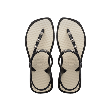 Havaianas Flash Fusion Sandals Black / Beige Straw Flip Flops Front View
